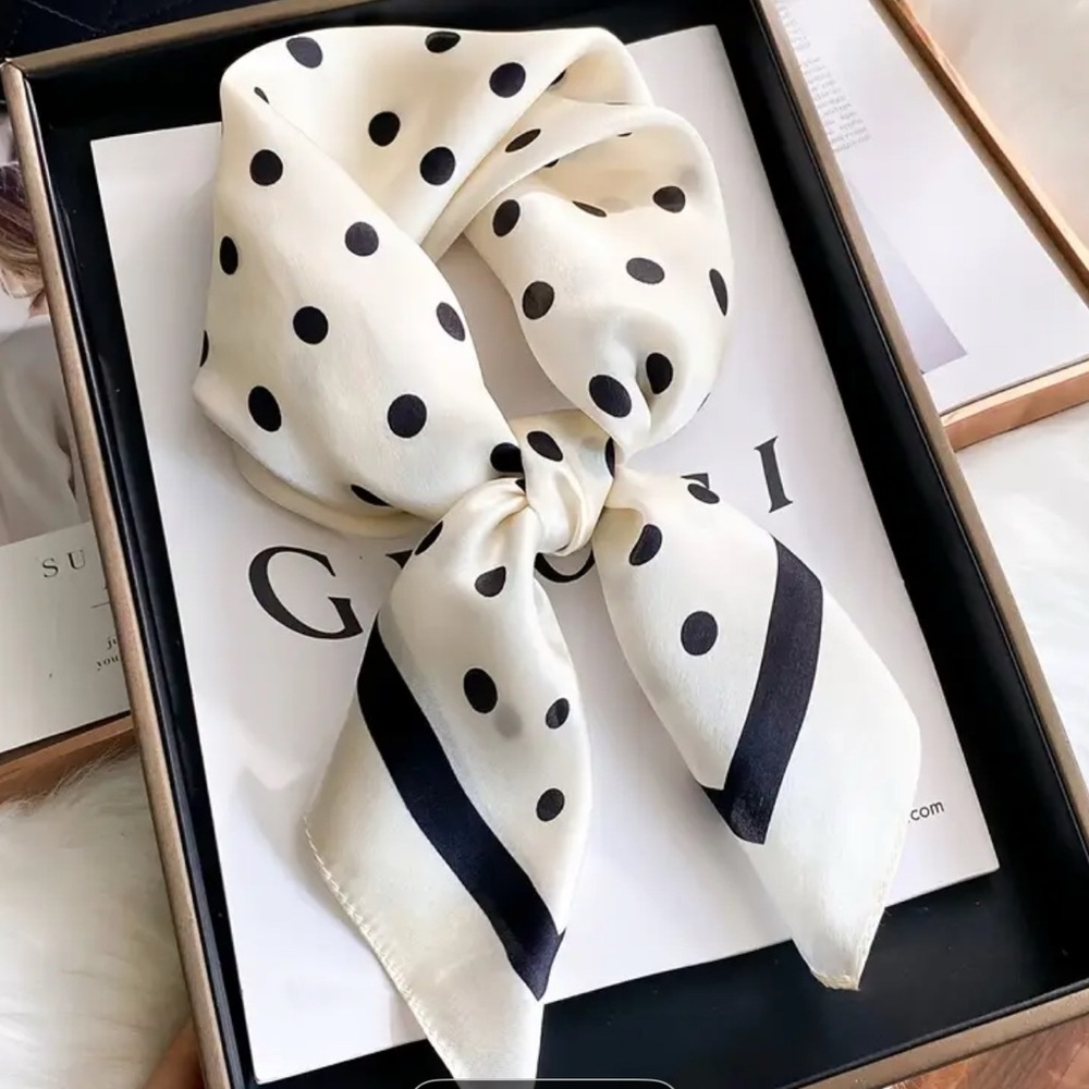 Black & Ivory Polka Dot Satin Square Scarf | Neck Scarf, Hair Tie, Bag Accent - Picture 2 of 6